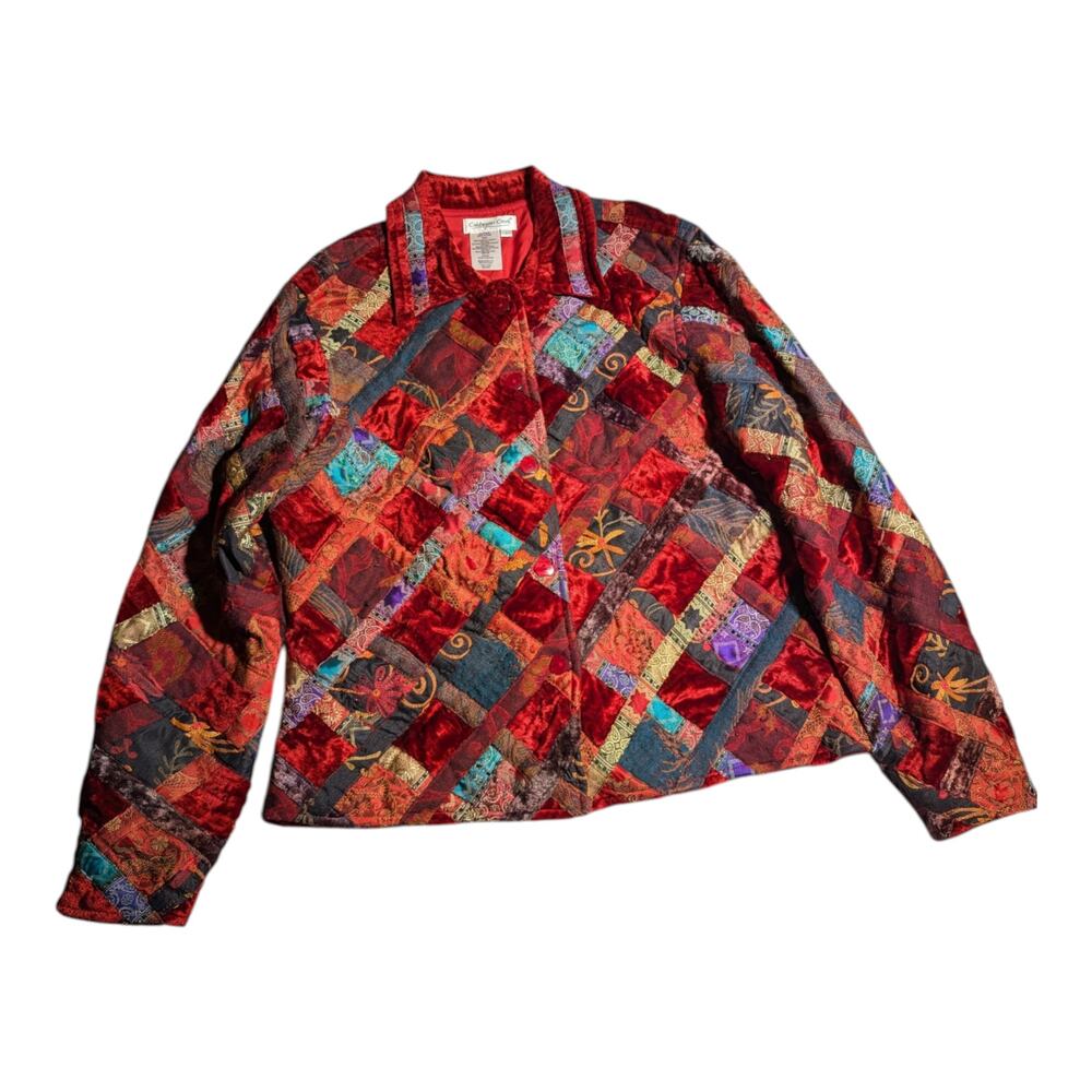 Vtg 1990s Coldwater Creek Red Velvet Patchwork Tapestry Button Up Jacket Sz L